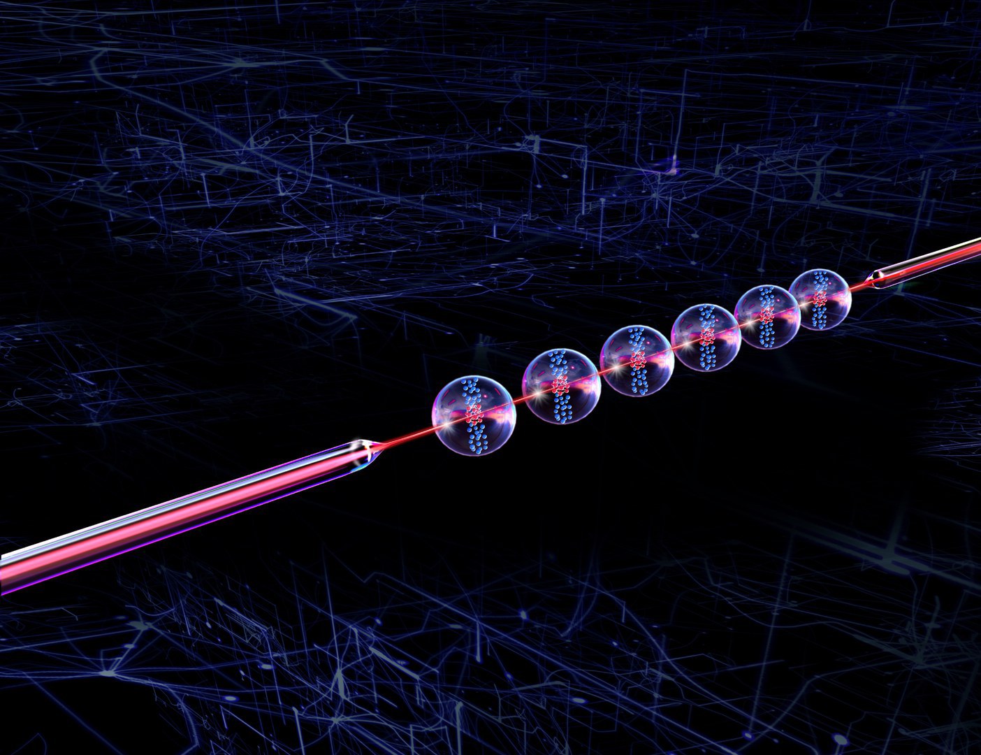 Projekt SuperWave: - Darstellung einer verjüngten Glasfaser mit Nanofaser-Taille, an die eine Reihe von Superatomen gekoppelt ist.