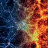 Die Simulation von kosmischen Filamenten - zeigt den Übergang von dunkler Materie (blau-violette Färbung) zu normaler Materie (orange-rot).