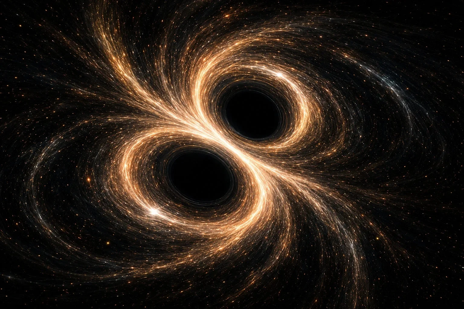 Das mithilfe von Künstlicher Intelligenz erstellte Symbolbild zeigt zwei Schwarze Löcher,