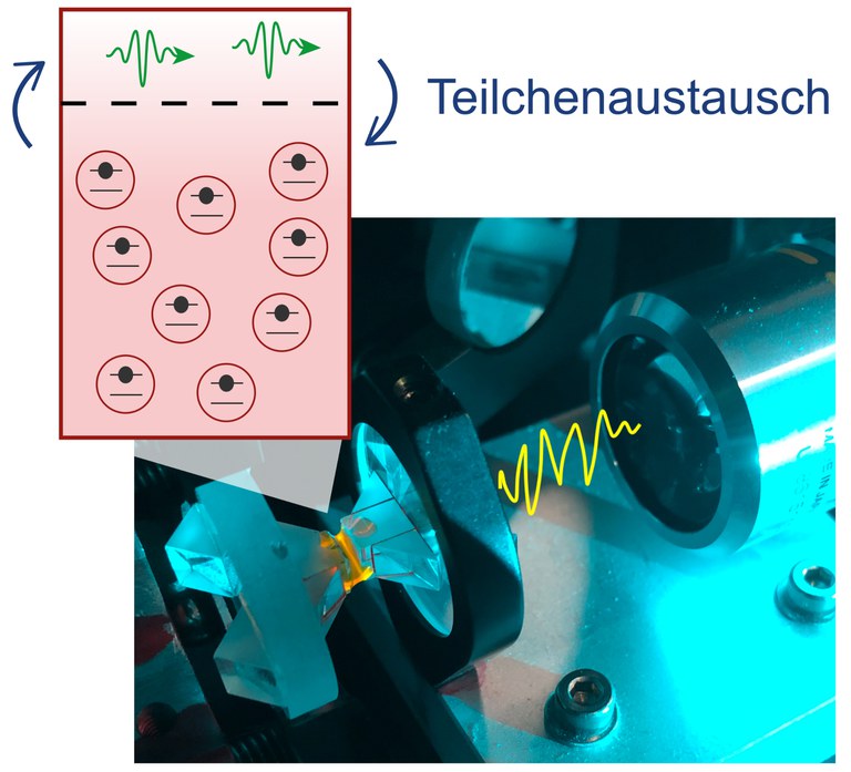 Photons (green) - can be "swallowed" by the dye molecules (red) and later "spat out" again. The more likely this is, the more the photon number fluctuates.