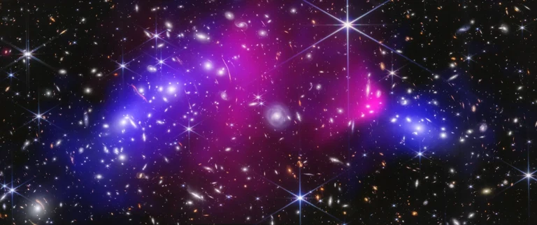 Image from the James Webb Space Telescope of the inner region of the Bullet Cluster: - Pink shows the hot gas, the distribution of dark matter is shown in blue. According to the new study, neutron stars and black holes would explain the gravitational lensing effect.