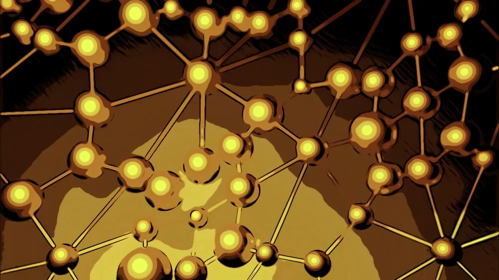Eine Wissenschaftlerin und ein Wissenschaftler arbeiten hinter einer Glasfassade und mischen Chemikalien mit Großgeräten.
